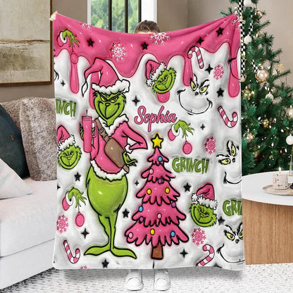 Pink Grinchy Christmas - Personalized 3D Inflated Effect  Blanket