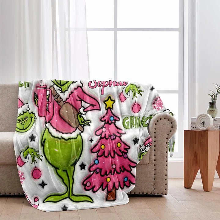 Pink Grinchy Christmas - Personalized 3D Inflated Effect  Blanket