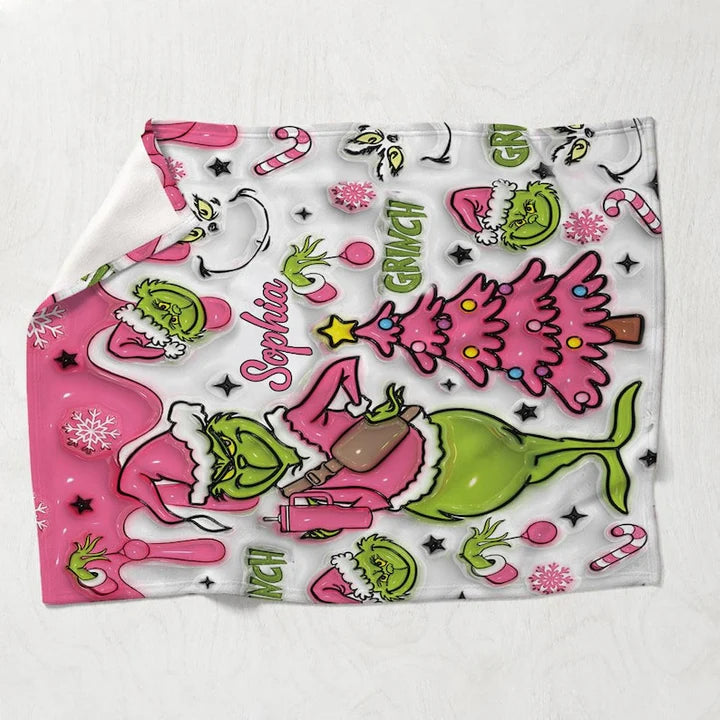Pink Grinchy Christmas - Personalized 3D Inflated Effect  Blanket