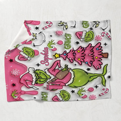 Pink Grinchy Christmas - Personalized 3D Inflated Effect  Blanket