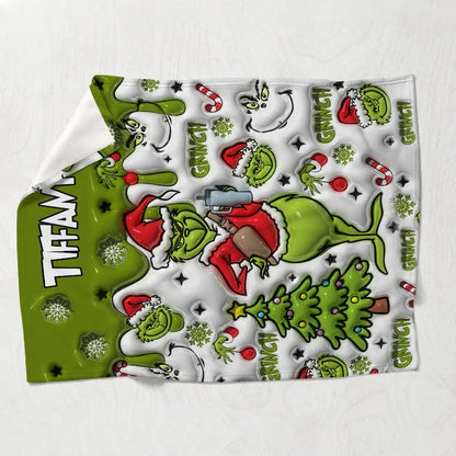 Green Grinchy Christmas - Personalized 3D Inflated Effect  Blanket